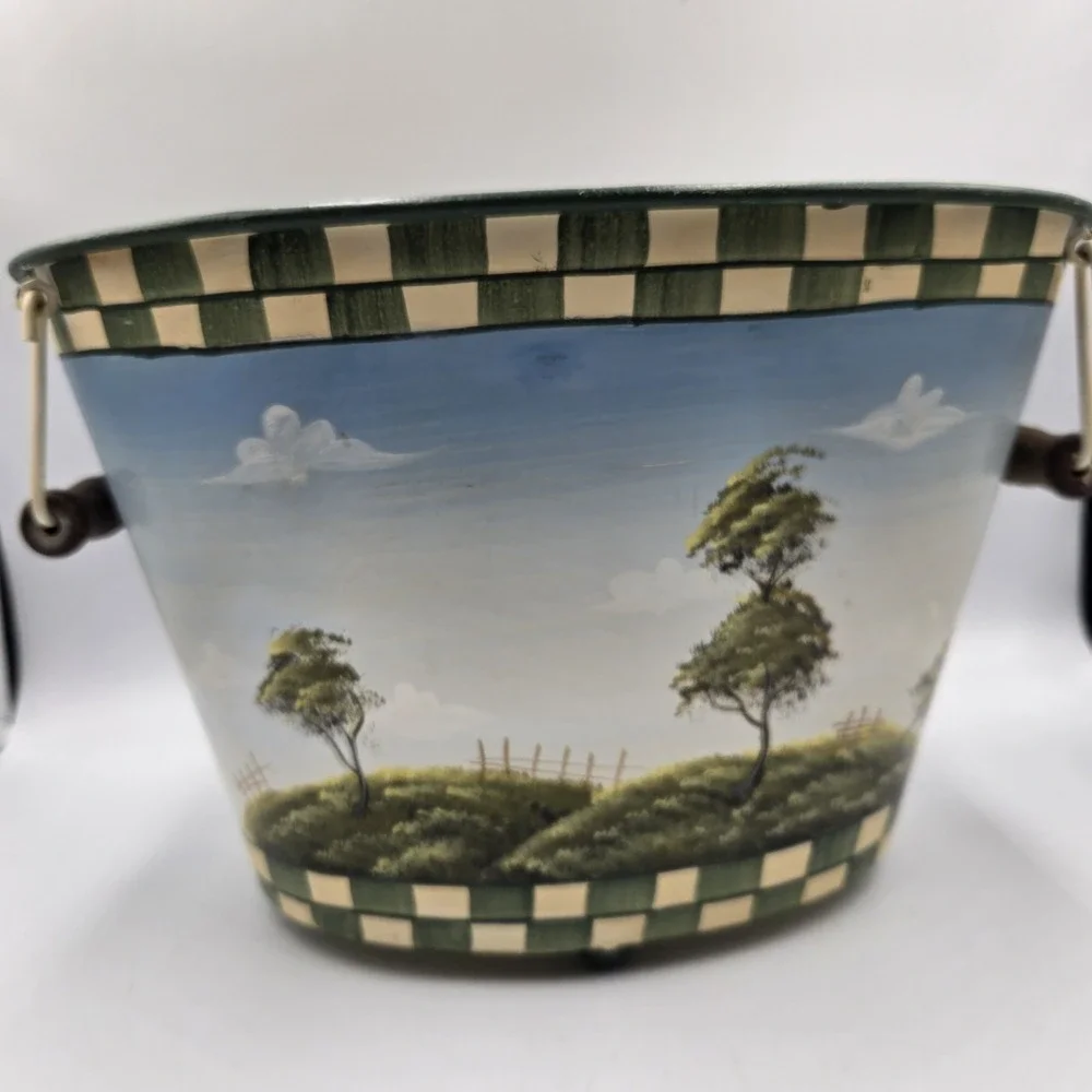 Handpainted Rooster Decorative Large Tin Pail Bucket 13x9